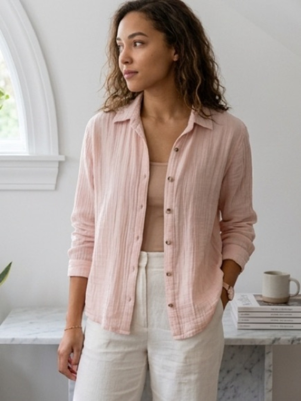 Cotton Gauze Button Down Shirt Dusty Light Pink Womens Medium Coastal Boho Resor